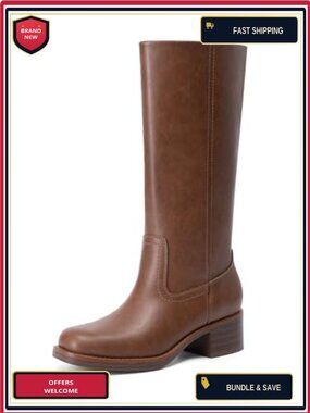Women's Mid-Calf Pull-On Boots with Chunky Block Heel, Faux Leather Western